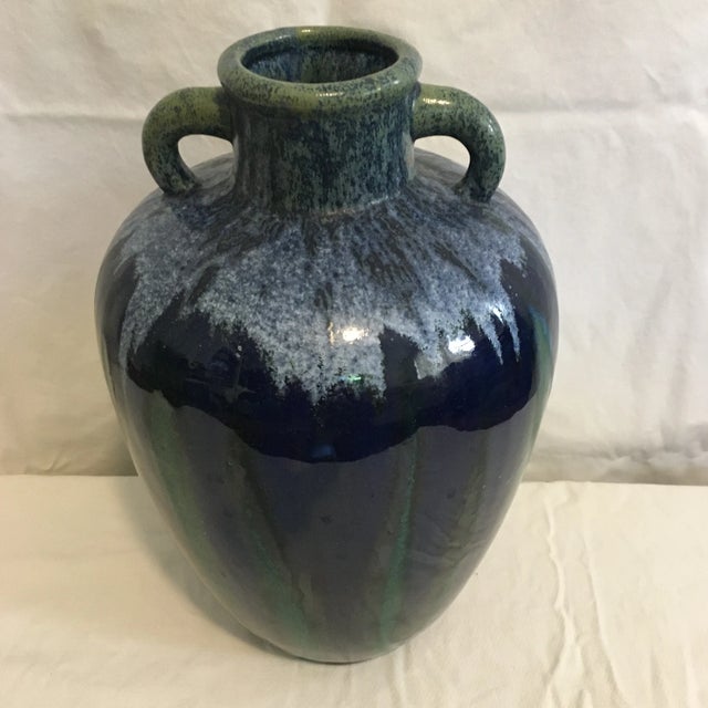 Mid-Century Modern Blue and Green Mid Century Ceramic Drip Glaze Urn/ Vase With Handles For Sale - Image 3 of 12