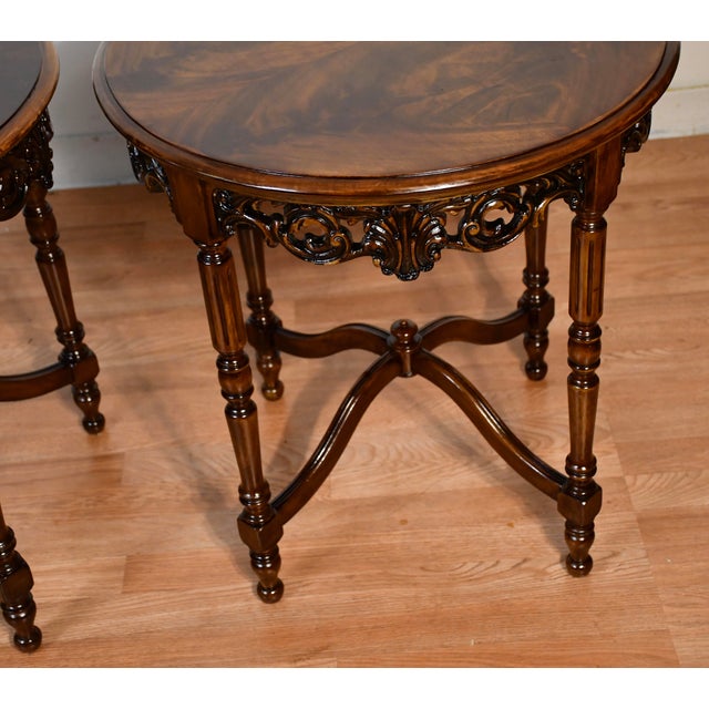 1930s Antique French Style Burl Mahogany Wood Side Tables Accent Round Tables For Sale - Image 4 of 16