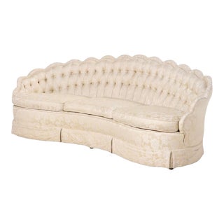 1970s Hollywood Regency French Style Sofa with Cream Damask Fabric and Scalloped Back For Sale