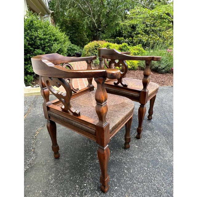 Mid 20th Century Pair of Rustic Colonial Style Carved Oak Corner Chairs For Sale - Image 4 of 11