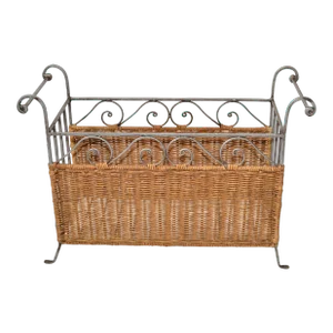 Vintage Platinum Wrought Iron Hollywood Regency Handwoven Wicker Magazine Rack