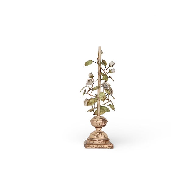 Charming Safran & Glucksman Italian tole painted metal and wood table lamp. The lamp features a flowering Rosebush body ,...
