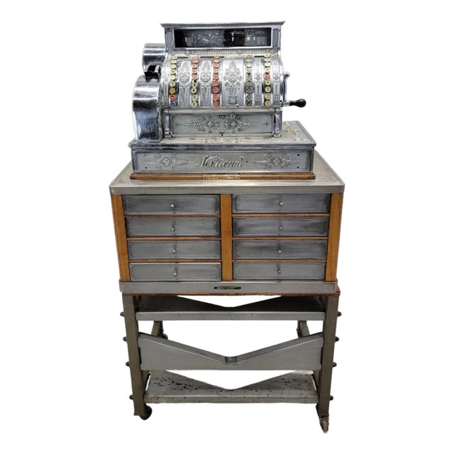 Antique National Cash Register on Custom Antique Industrial Standing Cash Drawer For Sale