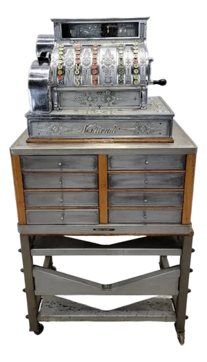 Antique National Cash Register on Custom Antique Industrial Standing Cash Drawer