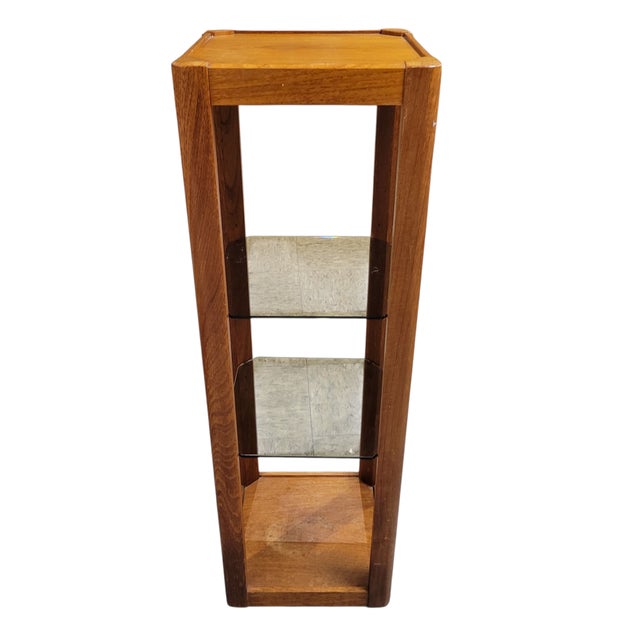 Wood Danish Modern C1970s Teak Pillar Plant Stand Uldum Mobler Denmark With Smoke Gray Glass Shelving For Sale - Image 7 of 16