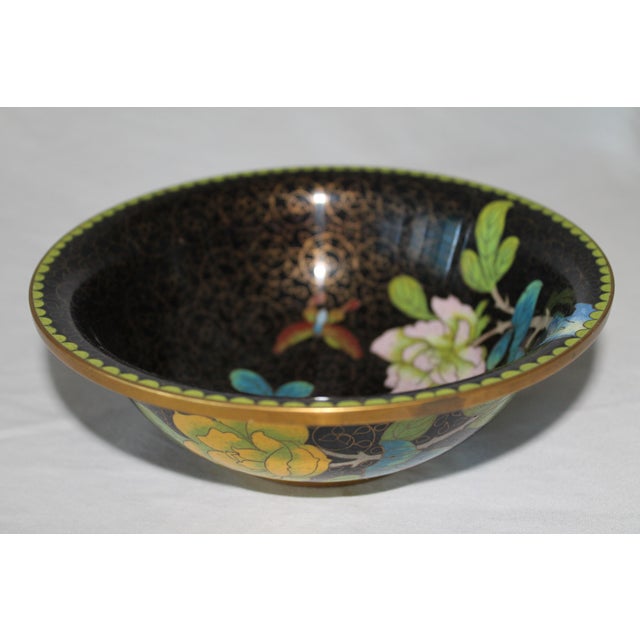 Vintage Chinese Cloisonné Bowl - Black with Yellow, Green, and Blue Accents This stunning vintage Chinese cloisonné bowl...