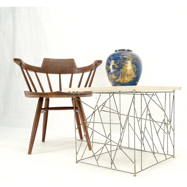1970s Travertine Top Wire Base Square Side End Table Stand Mid-Century Modern For Sale - Image 5 of 12