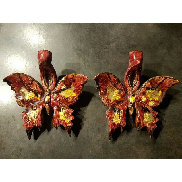 Ceramic 1930s French Art Deco Signed & Glazed Butterfly Wall Sconces - a Pair For Sale - Image 7 of 7