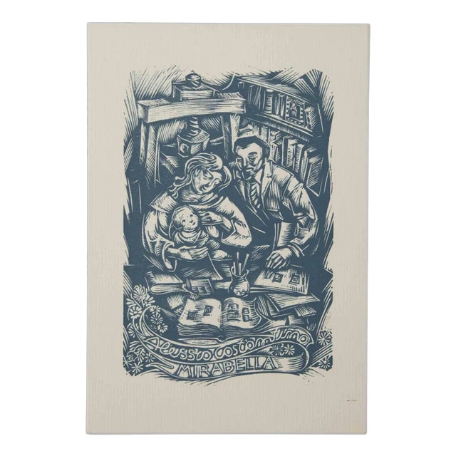 Ex Libris Alessio Costantino Mirabella, Original Woodcut, 20th-Century For Sale