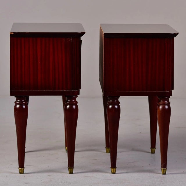 Mid Century Italian Tiger Wood Bedside Chests With Brass Tipped Legs and Hardware - Pair For Sale - Image 12 of 13