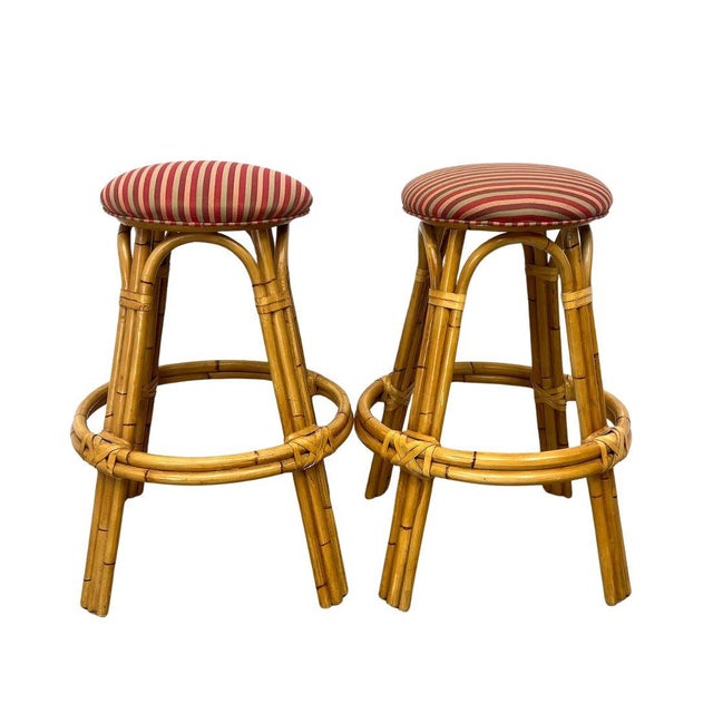 Mid Century Modern Woven Rattan and Bamboo Bar With Two Bar Stools For Sale - Image 4 of 7