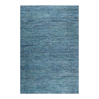 6x9 Blue Hand-Knotted Silk Horizon Woven Detail Solid Open Field Carpet Rug For Sale