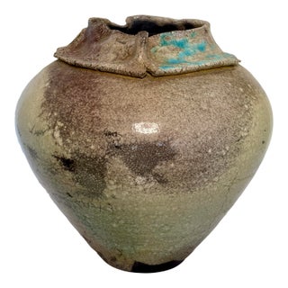 Mark Hines Raku Vase With Sculpted Collar and Turquoise Accents For Sale