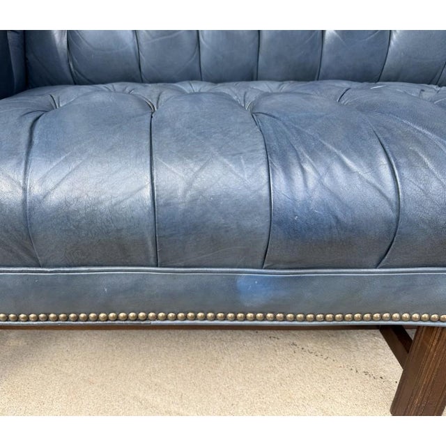 Vintage Blue Leather Camelback Chesterfield Sofa For Sale - Image 13 of 18