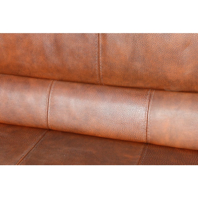 Brown Vintage 1970s Brown Leather Sofa With Sculptural Wood Frame, Attached Cushions & Postmodern Modernist Design For Sale - Image 8 of 18