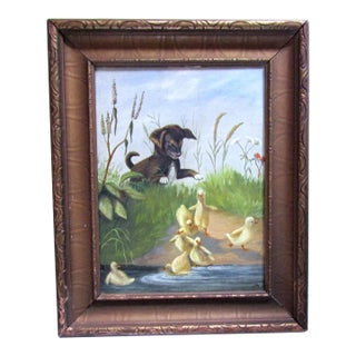 1910s Painting of Puppy Playing With Ducks Oil on Canvas Early Painting Signed Ja For Sale