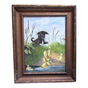 1910s Painting of Puppy Playing With Ducks Oil on Canvas Early Painting Signed Ja