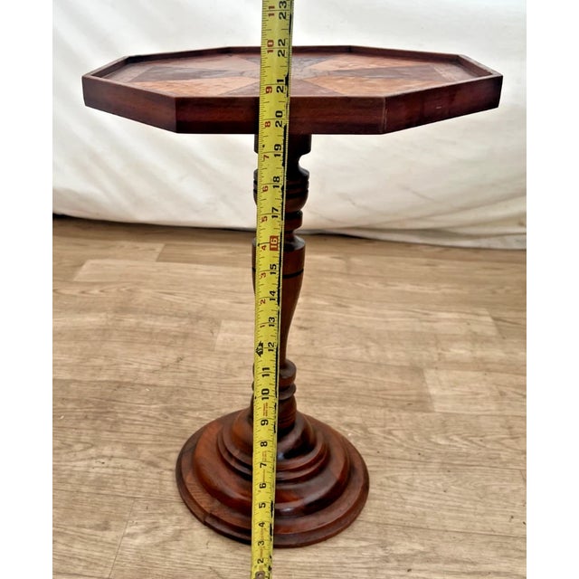 Brown Antique Inlaid Octagonal Wood Accent Table Geometric Iron Cross Marquetry Top For Sale - Image 8 of 11
