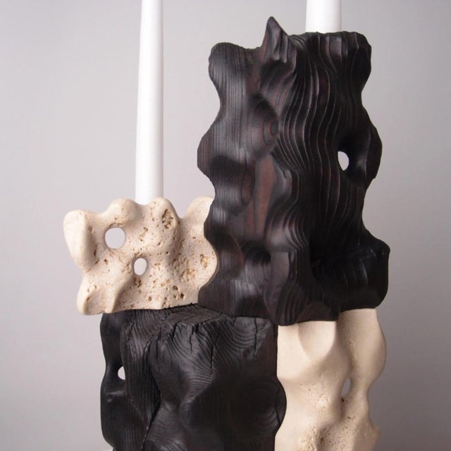 Brutalist Wood and Stone Candle Holder - Holey Tower Candle Holder | Melting Series by Gabor Gobi For Sale - Image 10 of 13