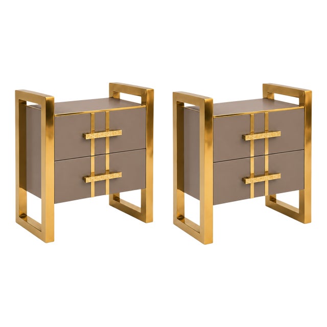 Taupe Glass Two-Drawer Nightstands with Architectural Brass Frames from Justfurnituress SRL, Set of 2 For Sale