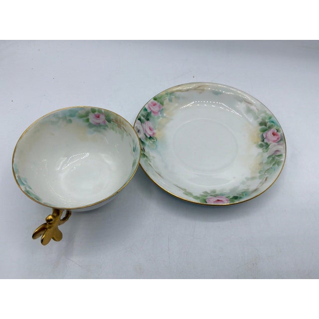 Art Nouveau Antique William Guerin & Co. (w.g. & Co.) Limoges Footed Cup and Saucer Gilt Dragonfly Handle For Sale - Image 3 of 3