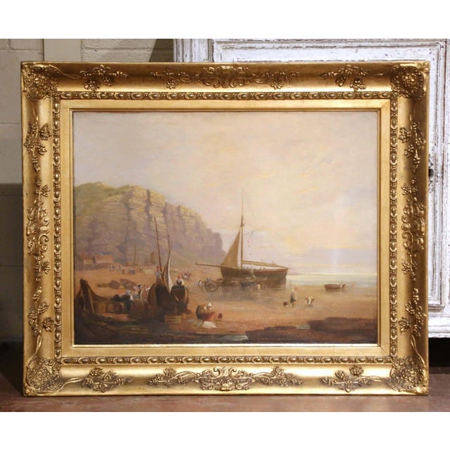 Mid-19th Century English Coastal Fishing Scene Oil Painting in Giltwood Frame For Sale In Dallas - Image 6 of 10
