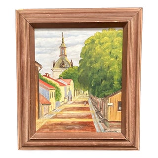 Kerstin Grufman, City Street with Church Tower, 1945, Oil Painting on Panel, Framed For Sale
