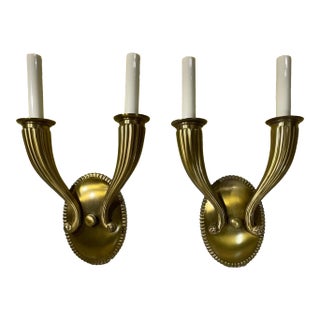 Elegant Pair of Solid Brass Wall Sconces, Vintage Hollywood Regency Style For Sale