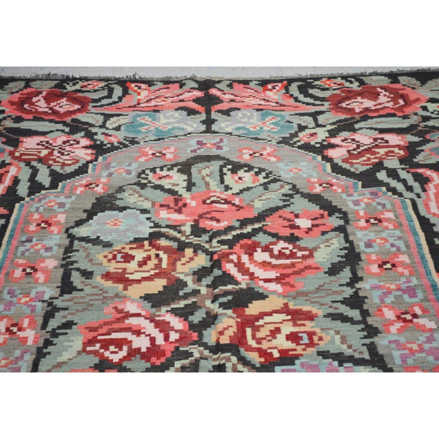 Vintage Bessarabian floral hand woven kilim with natural colors,organic wool and floral pattern.