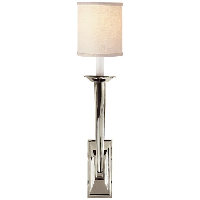 French Deco Horn Sconce in Polished Nickel with Linen Shade Height: 23.5" Extension: 7" Backplate: 3" x 7" Rectangle...