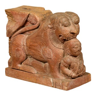 Indian 18th Century Teak Guardian Lion Carving with Traces of Original Paint For Sale