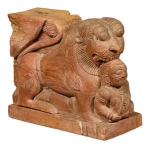 Indian 18th Century Teak Guardian Lion Carving with Traces of Original Paint