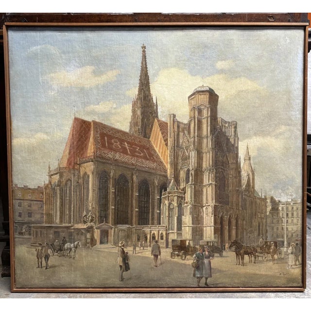 Early 1900s Antique Edvard Weie St. Stephen’s Gothic Cathedral Oil Painting Vienna Cityscape, Framed For Sale - Image 10 of 11