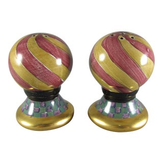 Mackenzie Childs Torquay Frank & Mustard Stripe Salt & Pepper Shakers - a Pair For Sale