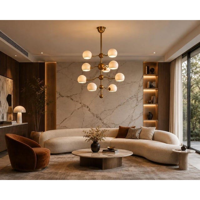 Not Yet Made - Made To Order 8 Light Brass Dome Chandelier, Mid Century Tiered Pendant Light, Cream Shade Ceiling Fixture, Sculptural Dining Room Lighting For Sale - Image 5 of 9