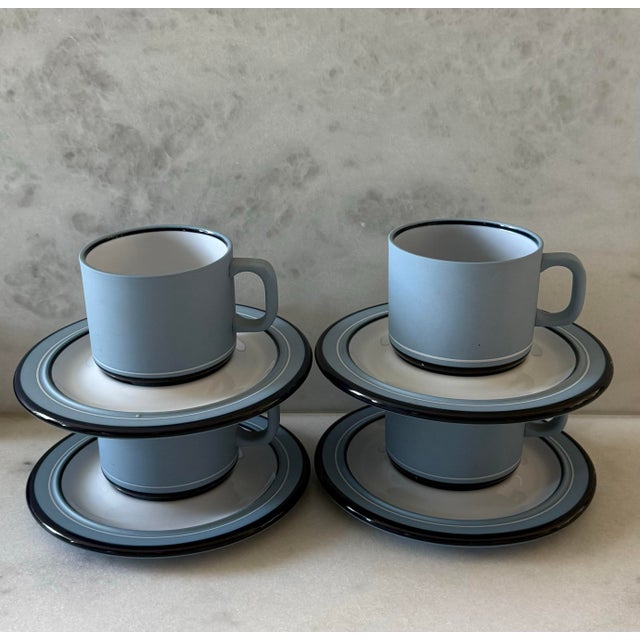 Set of 4 Arita Genesis Blue Ceramic Coffee Cups and Saucers For Sale - Image 4 of 10