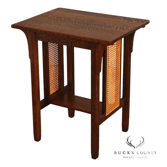 Antique Stickley Brothers Arts & Crafts Oak Side Table With Cane Panels For Sale