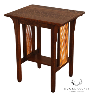 Antique Stickley Brothers Arts & Crafts Oak Side Table With Cane Panels