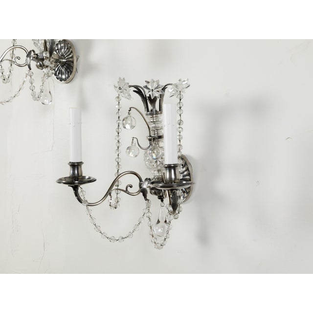 Early 20th Century 1920s Metal and Crystal Two-Arm Wall Sconces with Beads and Rosettes - a Pair For Sale - Image 5 of 8