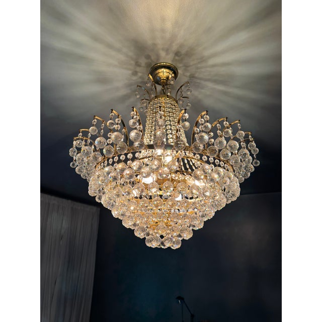 Glass Vintage Hollywood Regency Gilt Metal & Faceted Crystal Basket Chandelier For Sale - Image 7 of 7