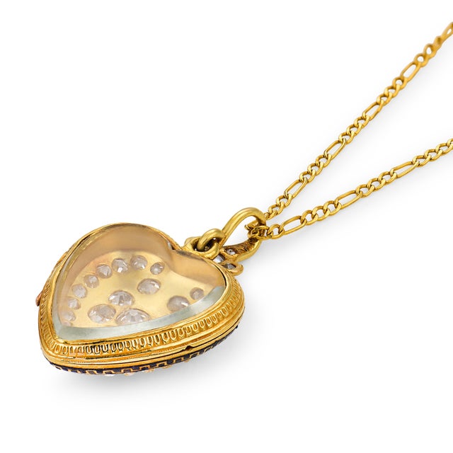 1900-1909 Victorian Old Mine Cut Diamond 18k Yellow Gold Enamel Heart Locket Pendant For Sale In Los Angeles - Image 6 of 6