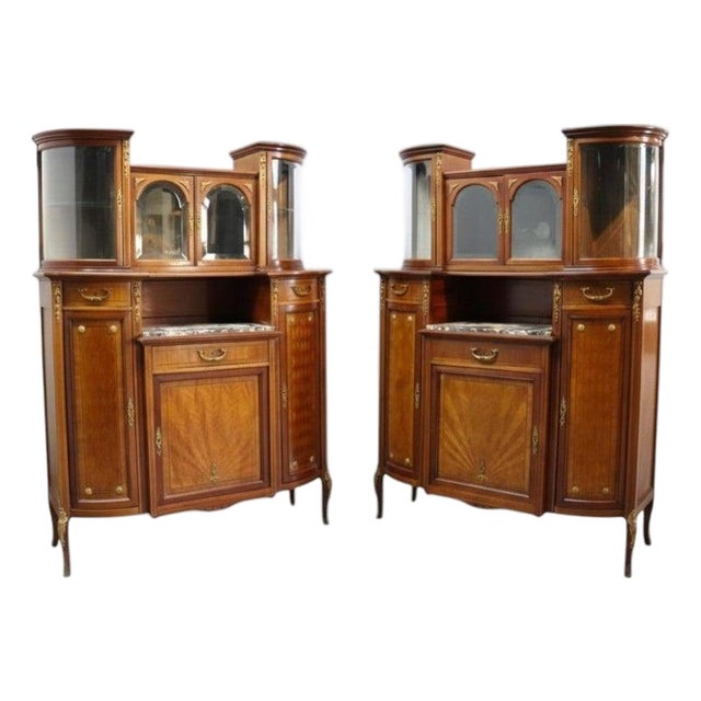 Pair Mahogany, Parquetry & Ormolu Credenzas With Beveled Glass C1890 For Sale