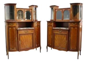 Pair Mahogany, Parquetry & Ormolu Credenzas With Beveled Glass C1890