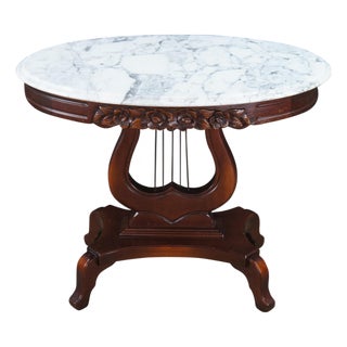 1970s 2 Victorian Revival Cherry Marble Top Lyre Harp Hall Entry Parlor Console Tables For Sale