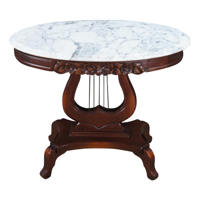 1970s 2 Victorian Revival Cherry Marble Top Lyre Harp Hall Entry Parlor Console Tables For Sale