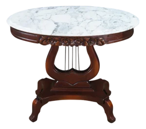 1970s 2 Victorian Revival Cherry Marble Top Lyre Harp Hall Entry Parlor Console Tables