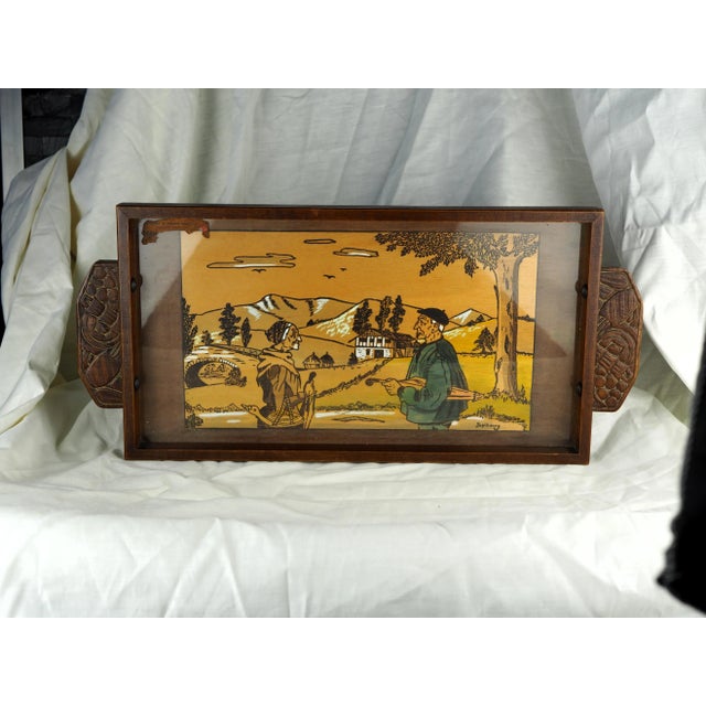 1920s French Art Deco Basque Jupiberry Hanging Tray With Country Mountain Landscape, Elderly Couple With Beret and Pie For Sale - Image 4 of 12