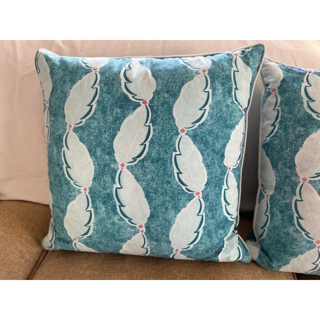 2020s Pair of Oka Ocean Blue Fractal Leaf Pillow Covers With Duck Feather Inserts For Sale - Image 5 of 13
