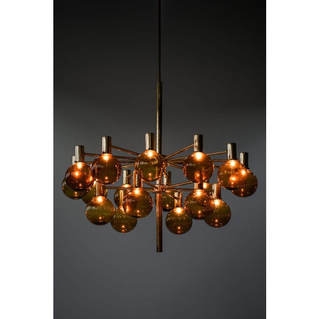 Large Chandelier in Brass and Amber Glass attributed to Hans-Agne Jakobsson, 1950s For Sale - Image 6 of 11