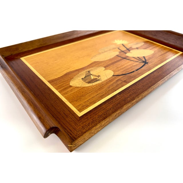 Mid-Century Modern Vintage Philippine Marquetry Wood Frog & Lily Pad Serving Tray For Sale - Image 3 of 13
